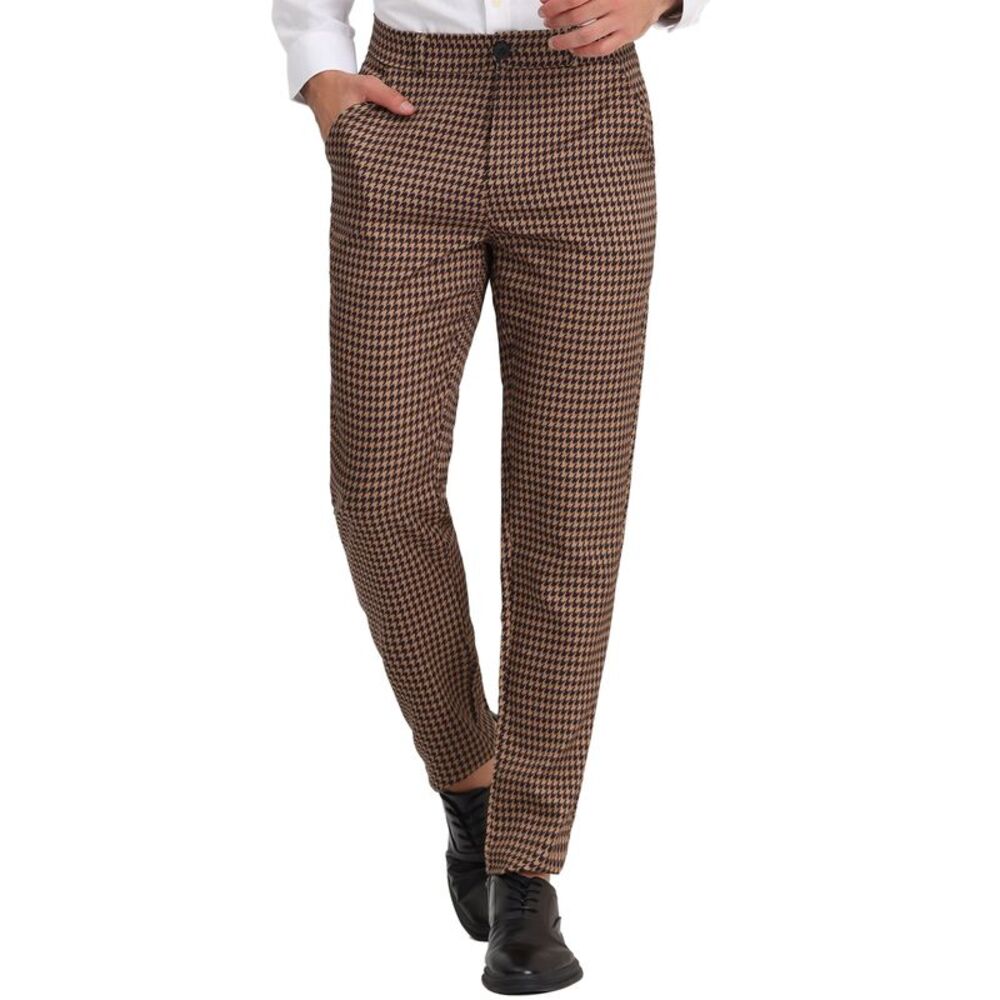 Men's Houndstooth Plaid Printed Color Block Flat Front Dress Pants Brown